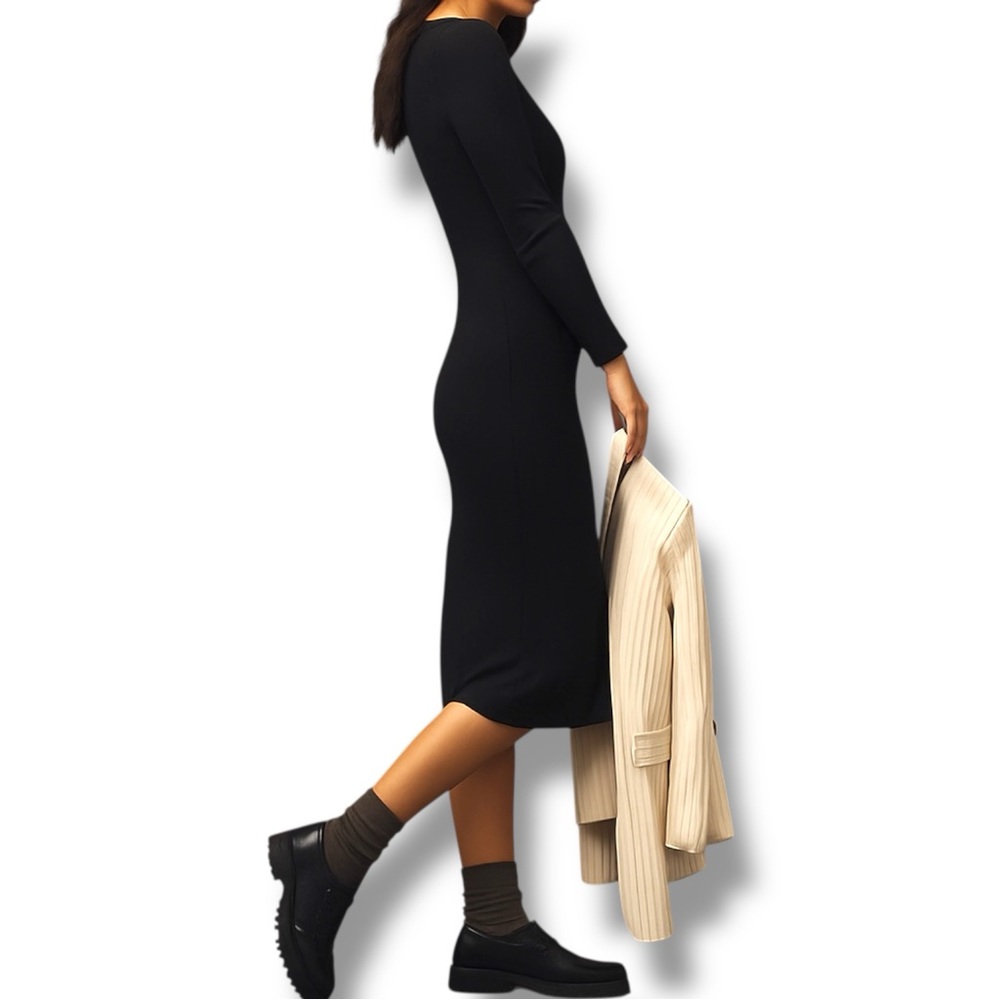 Anthropologie Bordeaux Black Ribbed Long Sleeve Side Slit Midi Dress NWT